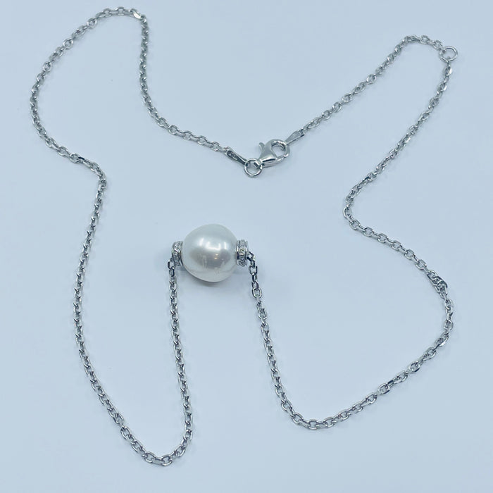 Sterling Silver 10mm fresh water Pearl & Diamond Necklace