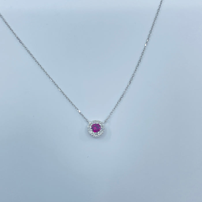 14kt White Gold Ruby and Diamond Halo Necklace