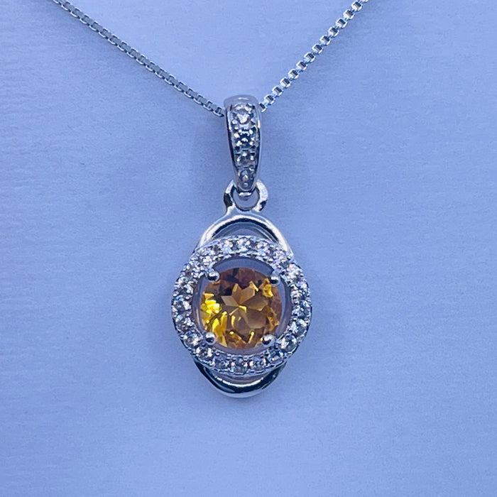 Sterling Silver Citrine Pendant with cz side stones