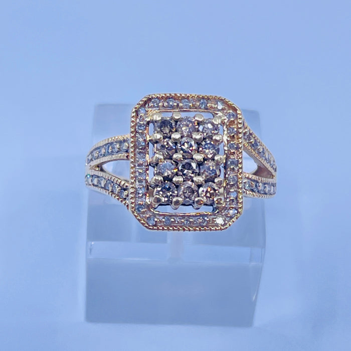 10kt Yellow Gold 48 white diamond and 12 chocolate diamond ring