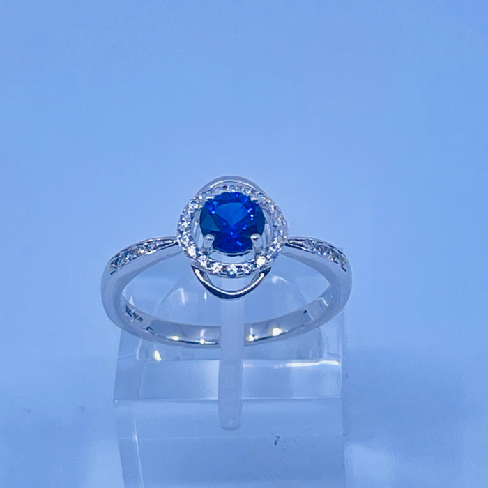 Sterling Silver Lab Sapphire ring with cz side stones