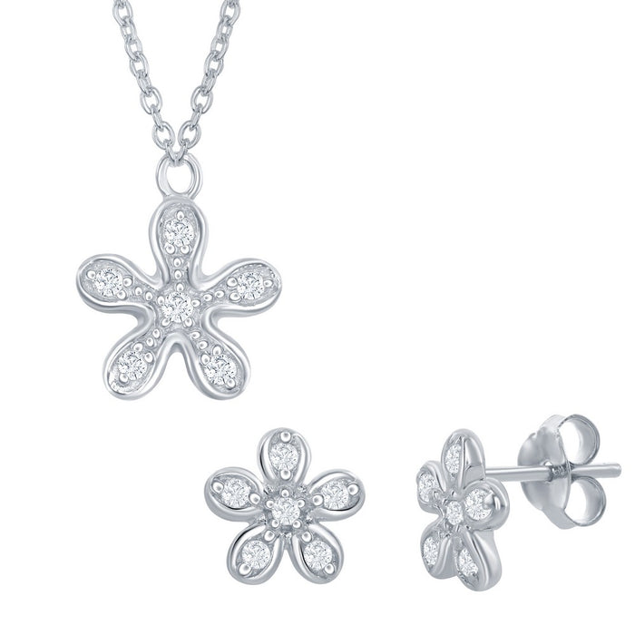 Sterling Silver CZ Flower Necklace & Earrings Set