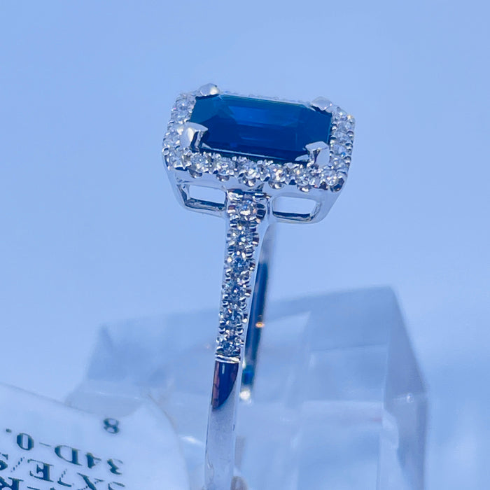 14kt White Gold Blue Sapphire and Diamond halo ring