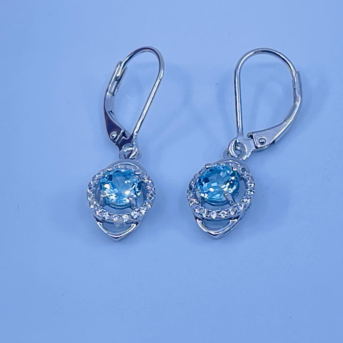 Sterling Silver Lab Aquamarine Earrings with cz side stones
