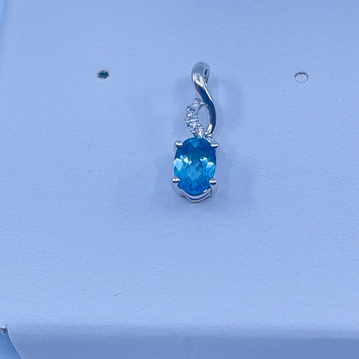 14kt White Gold Blue Topaz and Diamond drop Pendant