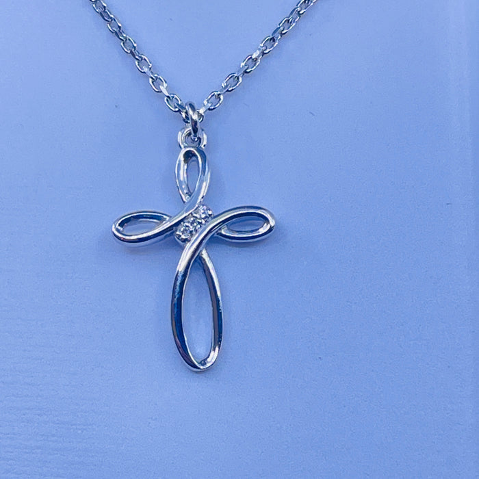 Sterling Silver 3 Diamond Cross pendant with adjustable chain