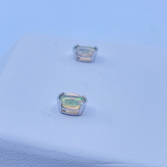 14kt White Gold half bezel 4x5 stud Opal Earrings