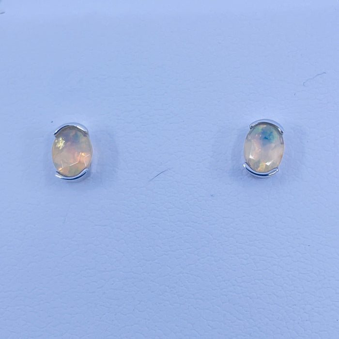 14kt White Gold half bezel 4x5 stud Opal Earrings