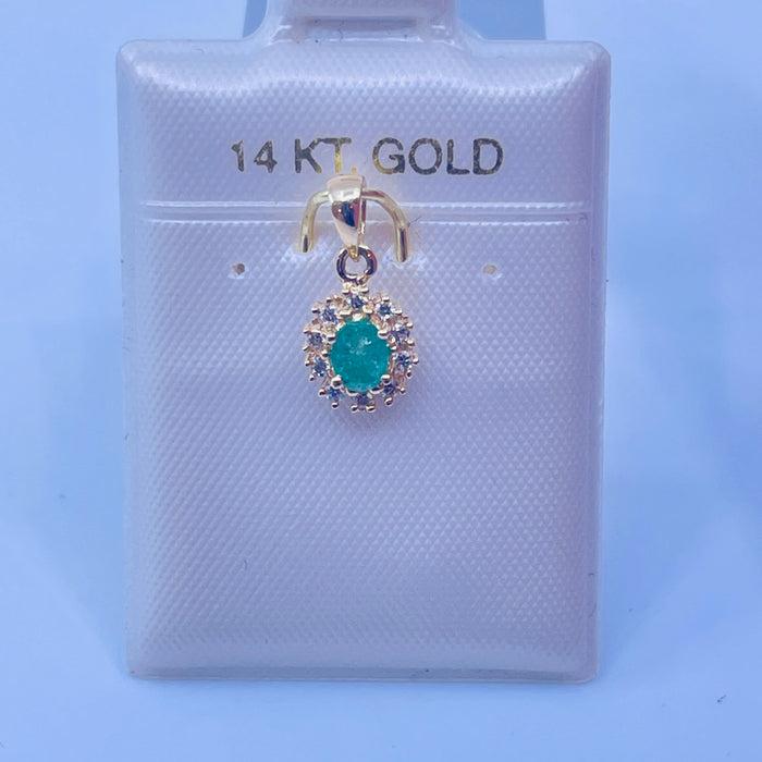 14kt Yellow Gold .15ct Emerald and 10 Diamond Pendant