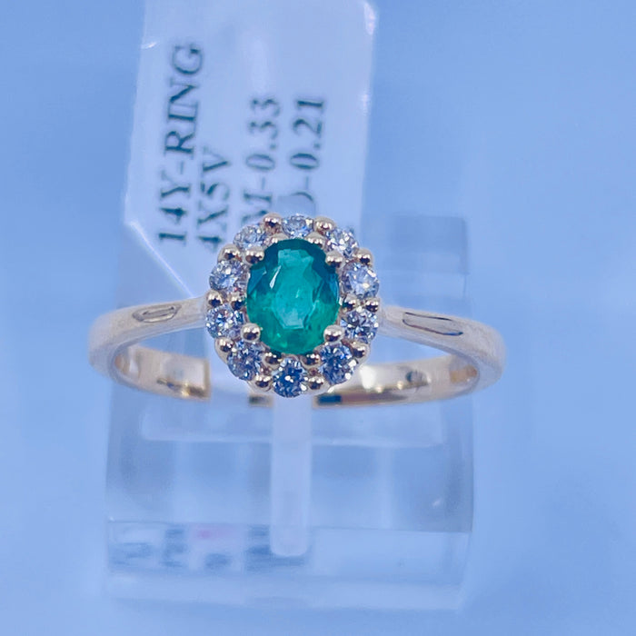 14kt Yellow Gold Emerald and Diamond halo ring