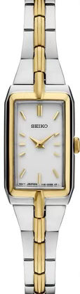 Ladies Seiko featuring a white dial with gold accents, this sophisticated timepiece is crafted of stainless steel with two-tone finish. 3 bar, 30M Water Resistant