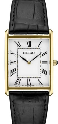 Gents Seiko crafted of stainless steel in gold-tone finish, this elegant watch, with sophisticated rectangular case, features a traditional white dial with Roman numerals and finely shaped hands, cabochon crown and black leather strap