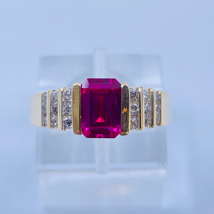 14kt Yellow Gold lab grown Ruby and diamond ring