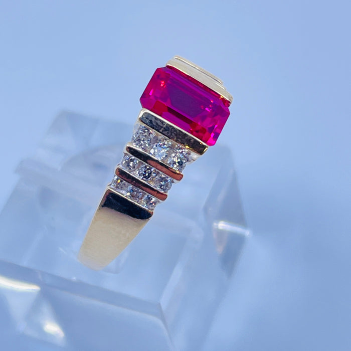 14kt Yellow Gold lab grown Ruby and diamond ring