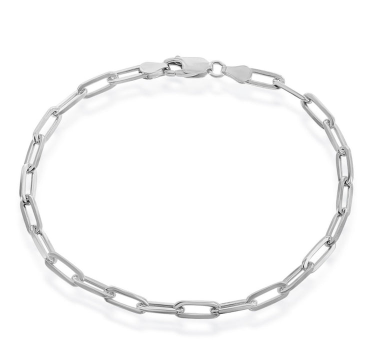 Sterling Silver 4mm 7” Paper Clip Bracelet - Rhodium Plated