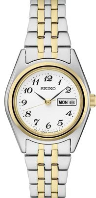 Ladies Seiko crafted of stainless steel in versatile two-tone finish, this perfectly balanced watch features a white dial with Arabic numerals and day/date calendar for a superb blend of clarity and style. 10 bar, 100M Water Resistant