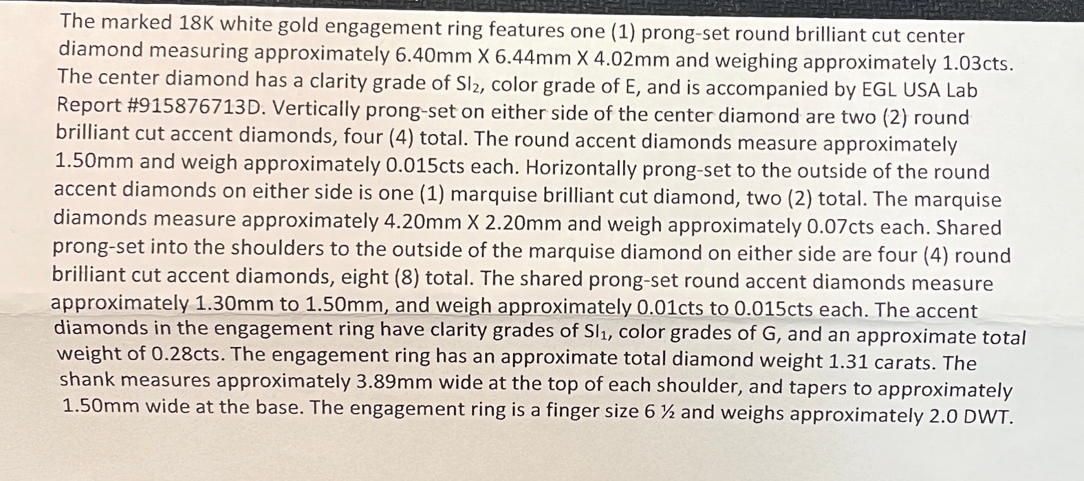 18kt White Gold Engagement Ring. 1.03ct E SI2 center with round and marquise side stones.