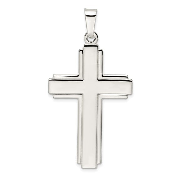 Sterling Silver Polished with Edge Lines Large Latin Cross Pendant