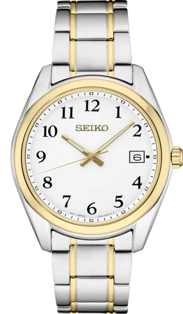 Gents Seiko with bold Arabic numerals on a pure white dial with gold accents, this versatile design features a date calendar and LumiBrite hands. Crafted of stainless steel with two-tone finish and scratch-resistant sapphire crystal.