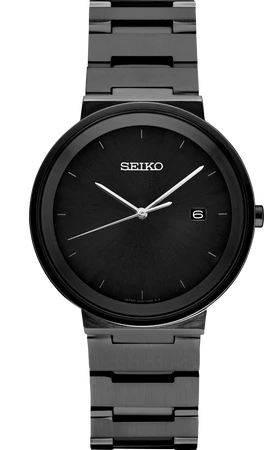Gents Seiko with contemporary minimalism, this sharp and streamlined watch offers a sleek black sunray dial with date calendar, and a slim and comfortable stainless steel case and bracelet in dramatic black ion finish. 3 bar