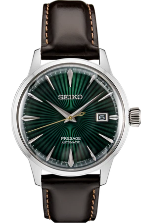 Seiko Presage with the screwdown see-through caseback provides a view of the 23-jewel movement, with manual and automatic winding capability, a frequency of 21,600 vibrations per hour, and a power reserve of approximately 41 hours