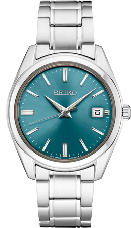 Seiko watch with a new blue color inspired by the richness of water. Crafted of stainless steel with scratch-resistant sapphire crystal, secure screwdown caseback and tri-fold push button release clasp. 10 bar, 100M Water Resistant