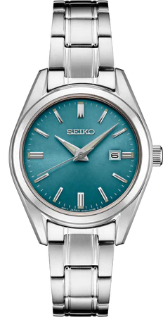 Ladies Seiko watch with a new blue color inspired by the richness of water. Crafted of stainless steel with scratch-resistant sapphire crystal, secure screwdown caseback and tri-fold push button release clasp. 10 bar, 100M Water Resistant