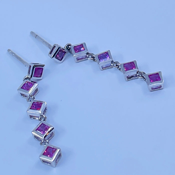 Sterling Silver 2.3mm Bezel set Princess cut Pink Sapphire Earrings