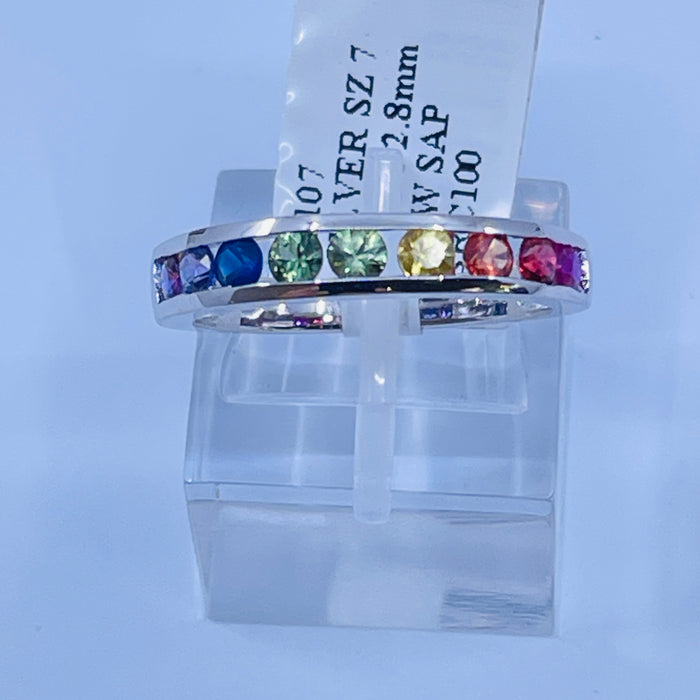 Sterling Silver Rainbow Sapphire Channel Ring