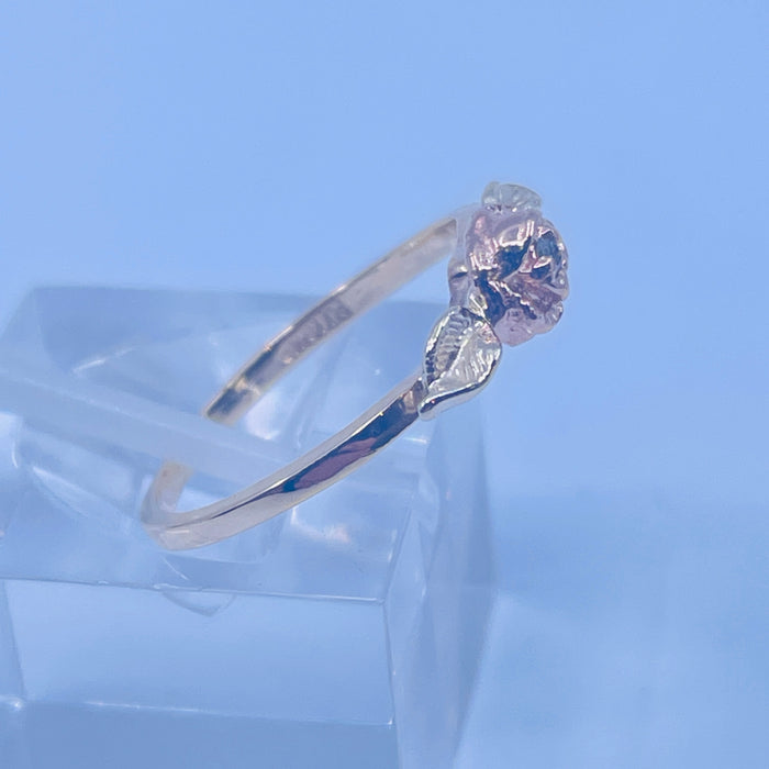 10kt Tricolor Gold Diamond Rose and Leaf Ring