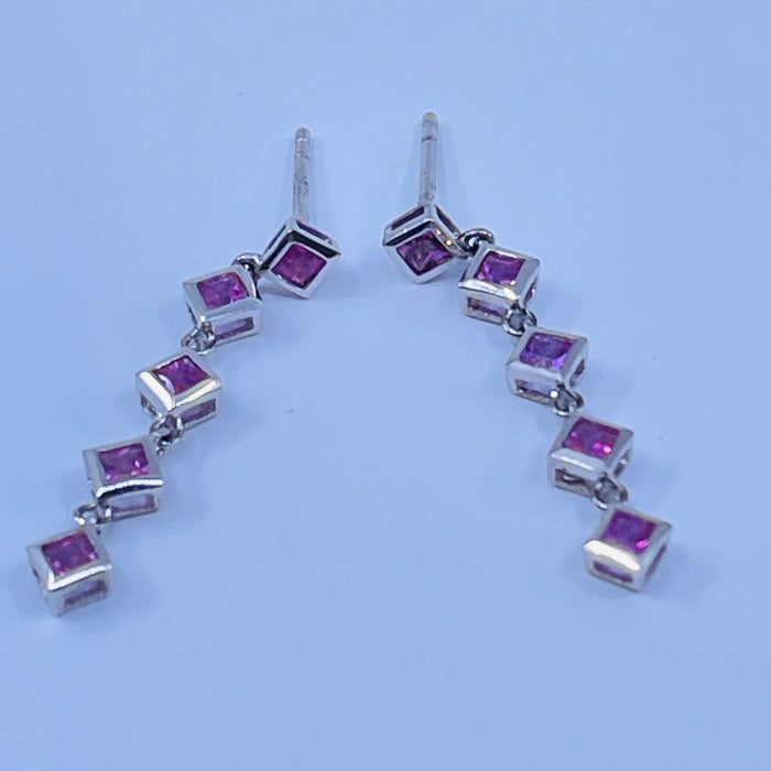 Sterling Silver 2.3mm Bezel set Princess cut Pink Sapphire Earrings