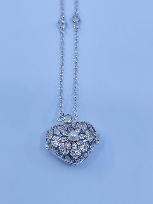 Sterling Silver pierced heart locket with Pearl