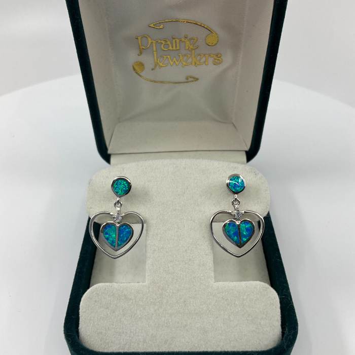 Sterling Silver Blue inlay Opal and CZ dangling heart post earrings