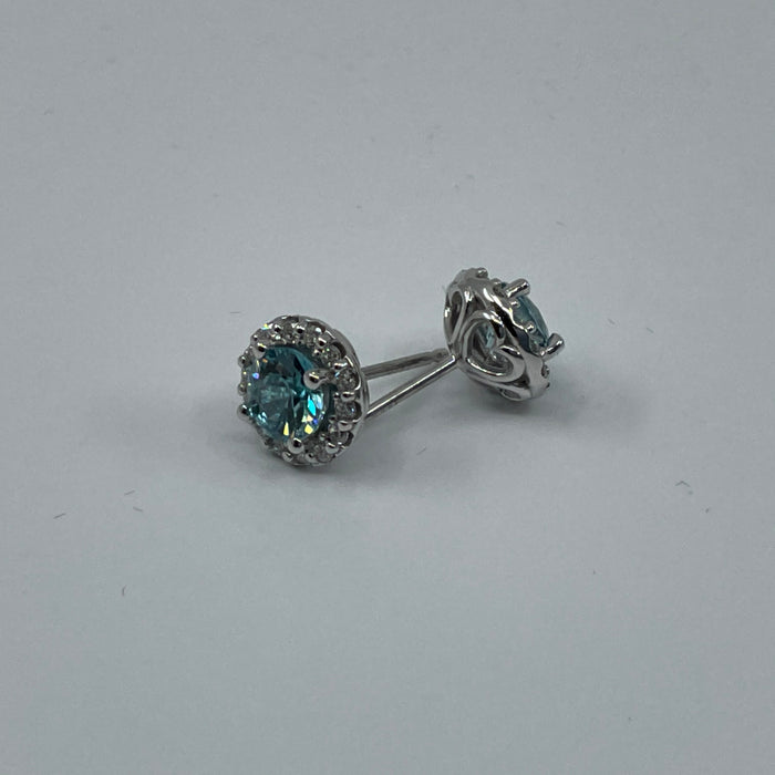 14kw   Blue Zircon and diamond halo earrings