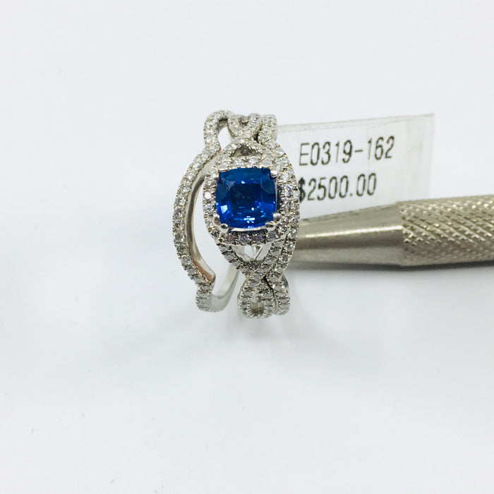 14k White gold 3 diamond ring wedding set with Blue Sapphire center