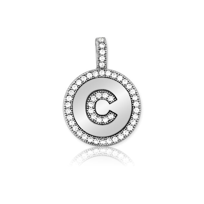 Sterling Silver Micro Pave Circle "C" Pendant W/ Chain