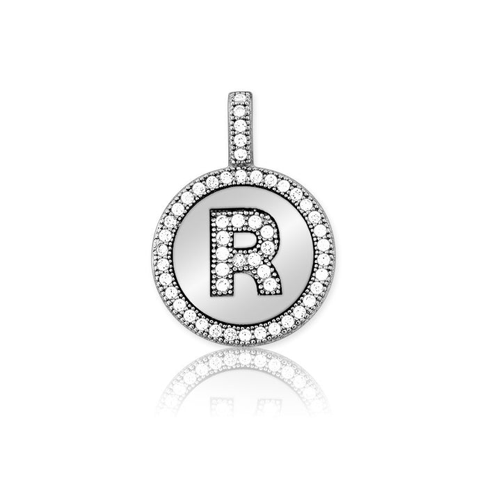 Sterling Silver Micro Pave Circle "R" Pendant W/Chain
