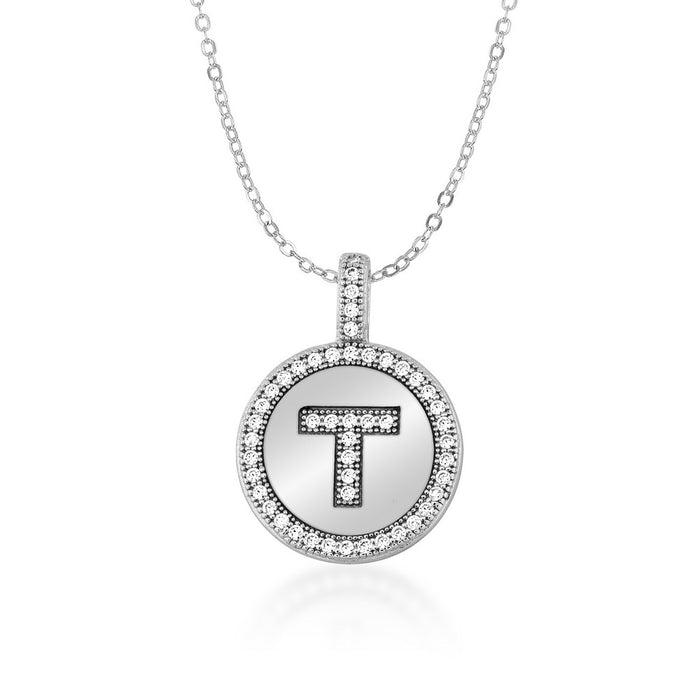 Sterling Silver Micro Pave Circle "T" Pendant W/Chain