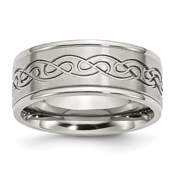 Stainless Steel Brushed/Polished Scroll Design 9mm Ridged Edge Band size 13