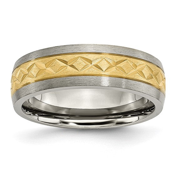 Titanium 7mm Yellow IP-plated X Design Grooved Satin Band size 11