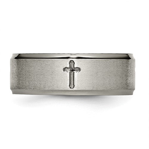 Titanium Brushed Cross Laser Design 8mm Band size 10
