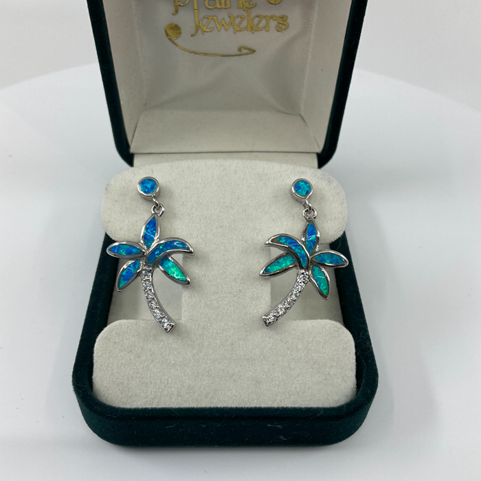 Sterling Silver Palm tree earrings with Opal and CZ