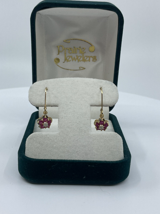 14kt Yellow gold Ruby and  diamond lever back earrings