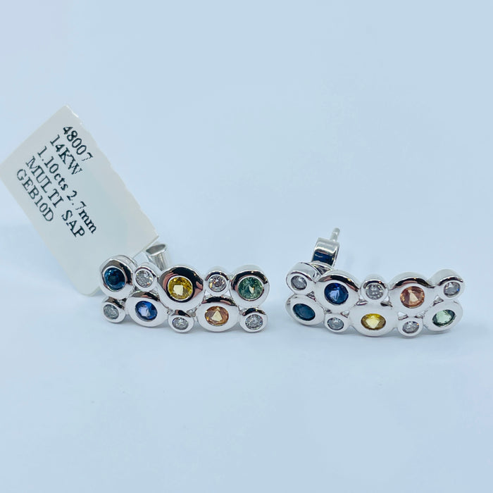 14kt White Gold 2.7mm bezel set Rainbow Sapphire and Diamond earrings