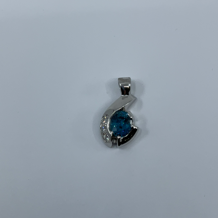14kt White Gold 2.71ct Blue Zircon and 3 moissanite pendant