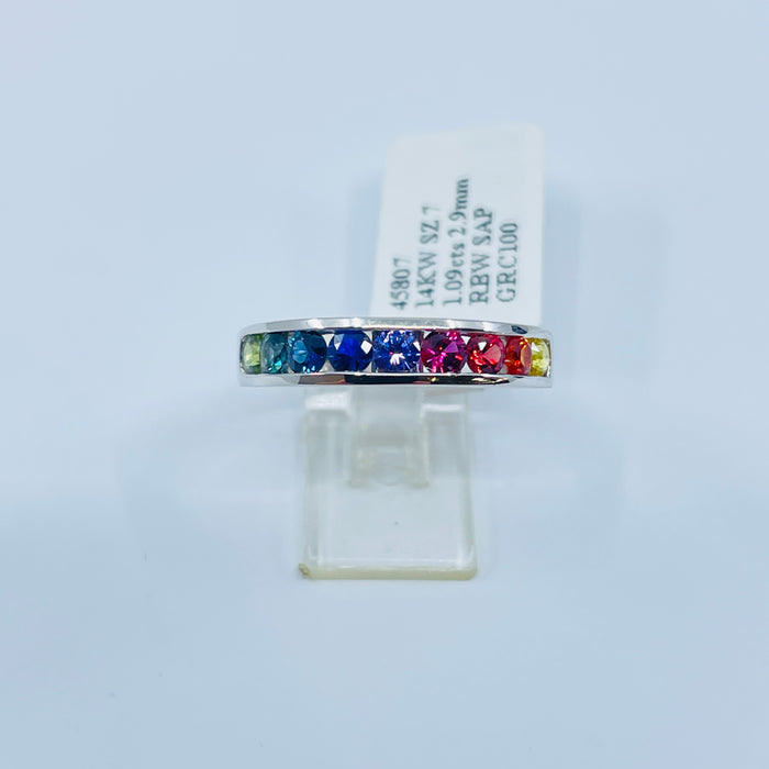 14kt White Gold channel set 2.9mm Rainbow Sapphire Ring
