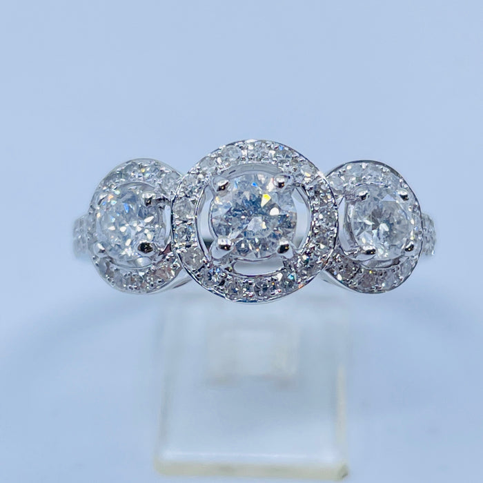 14kt White Gold Three stone Halo ring