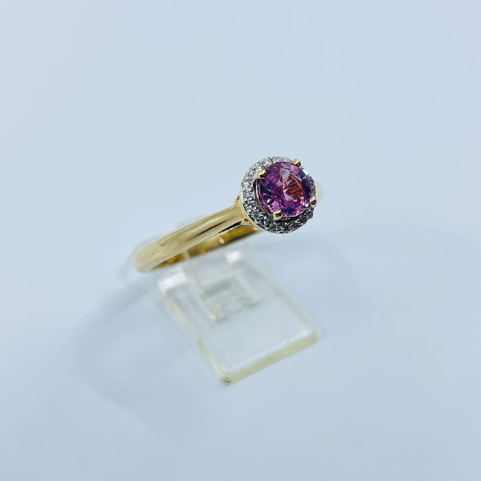 14kt Yellow Gold Pink Sapphire diamond halo Ring