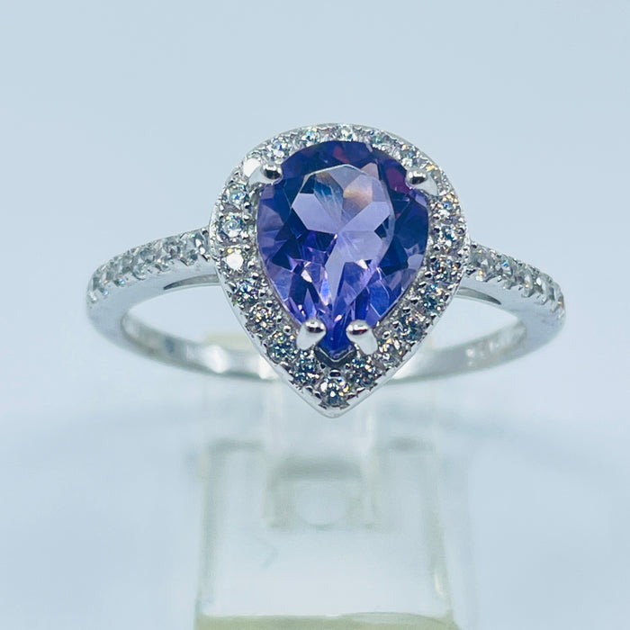 Sterling Silver pear shaped Amethyst Ring with a CZ halo