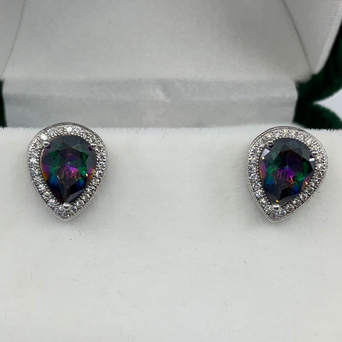 Sterling Silver Teardrop Simulated Rainbow with CZ Border Earrings